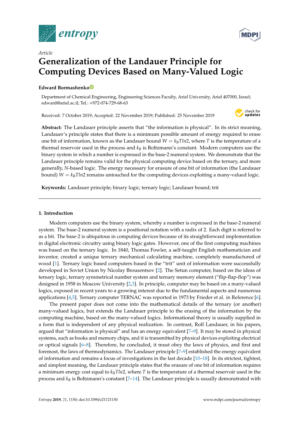 Generalization of the Landauer Principle for Computing Devices Based on Many-Valued Logic