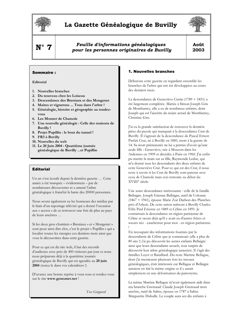 La Gazette Généalogique De Buvilly N° 7 Feuille D'informations Généalogiques Août Pour Les Personnes Originaires De Buvilly 2003