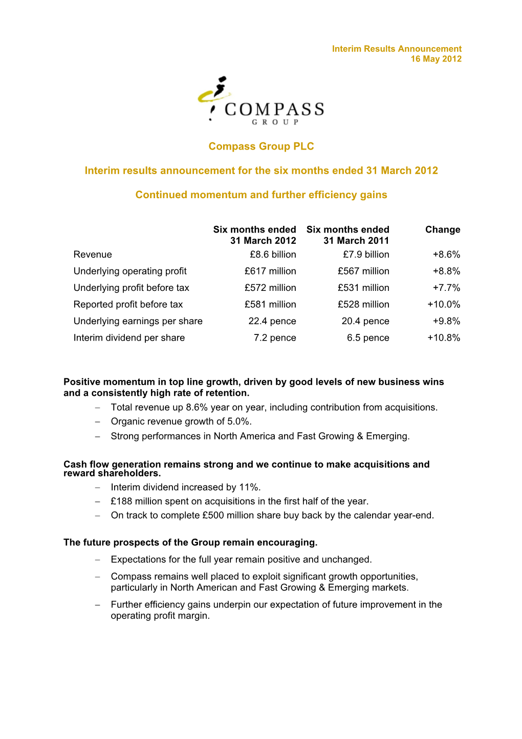 Compass Group PLC Interim Results Announcement for the Six