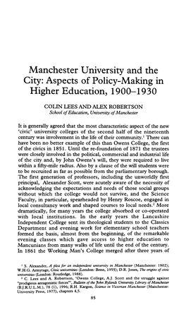 Manchester University and the City: Aspects of Policy-Making in Higher Education, 1900-1930