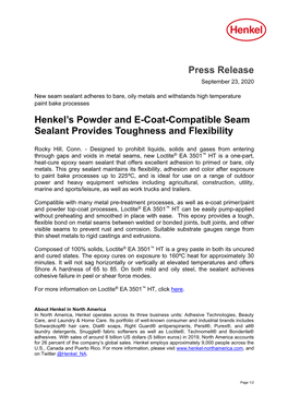 Press Release Henkel's Powder and E-Coat-Compatible Seam Sealant