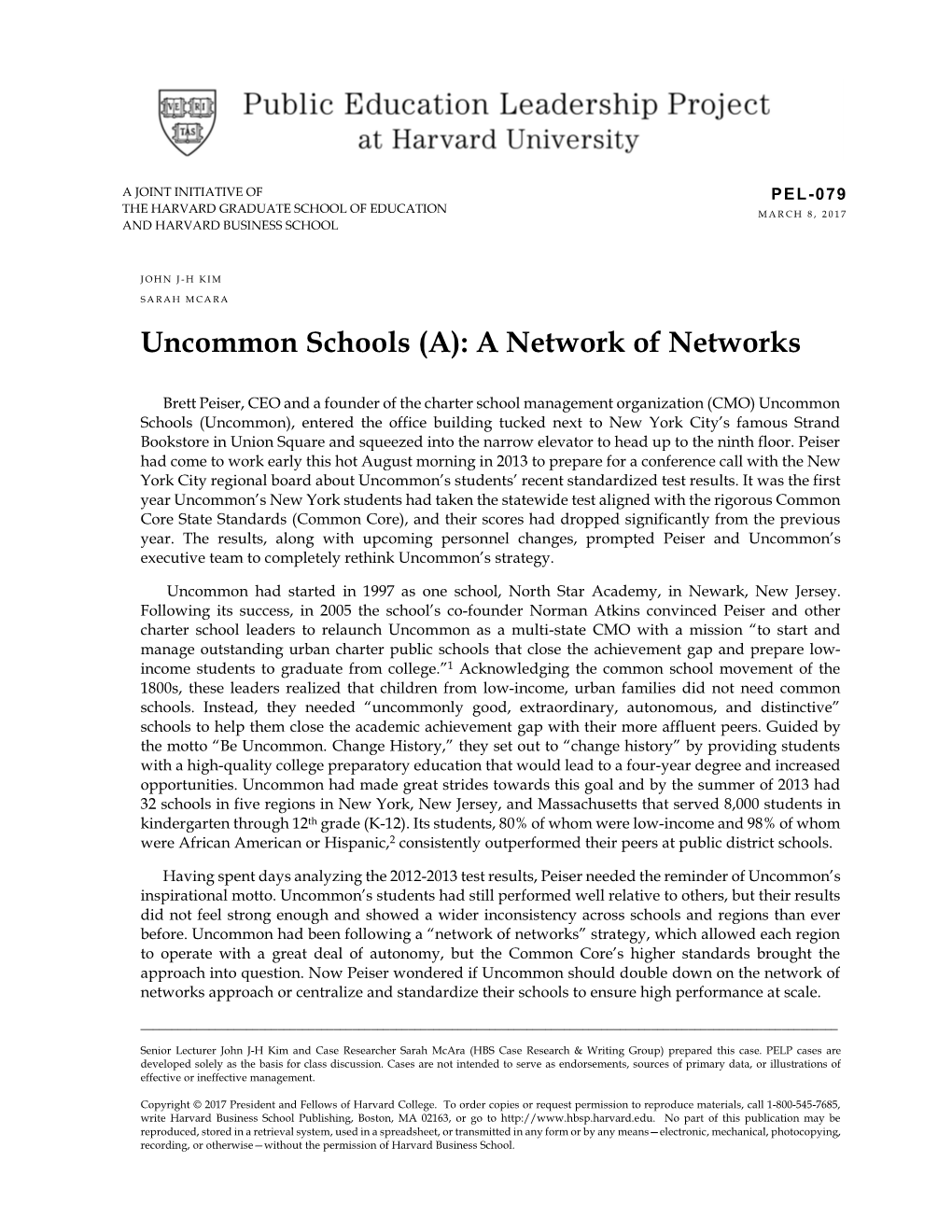 Uncommon Schools (A): a Network of Networks