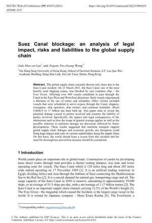 Suez Canal Blockage: an Analysis of Legal Impact, Risks and Liabilities to the Global Supply Chain