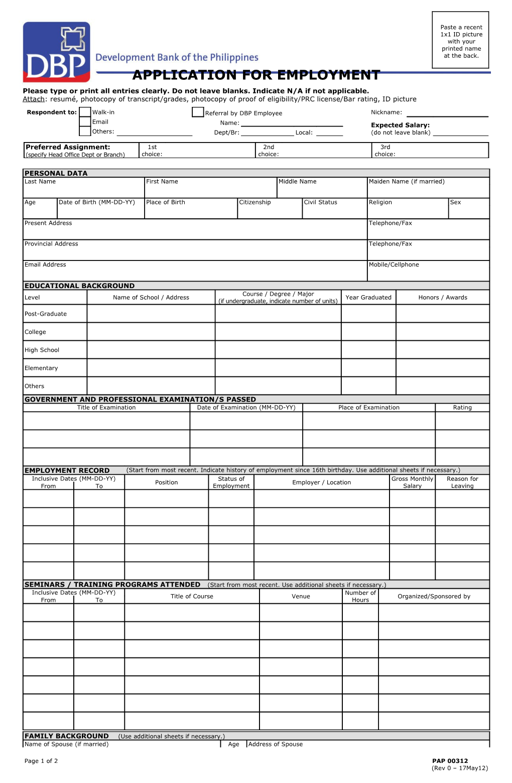 Personal Background Form