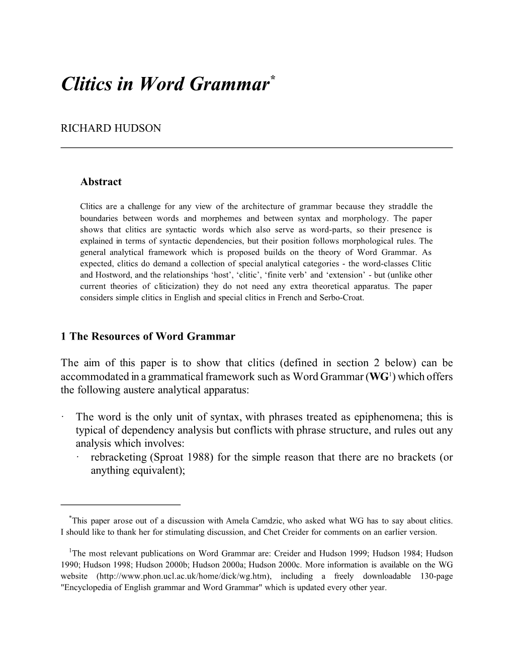 Clitics in Word Grammar*