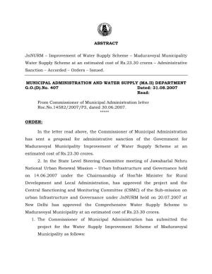 Maduravoyal Municipality Water Supply Scheme at an Estimated Cost of Rs.23.30 Crores – Administrative Sanction – Accorded – Orders – Issued