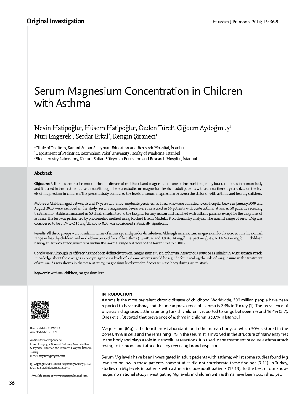 Serum Magnesium Concentration in Children with Asthma