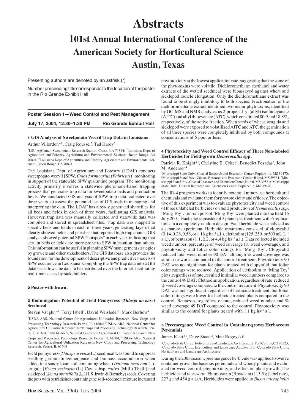 Abstracts 101St Annual International Conference of the American Society for Horticultural Science Austin, Texas