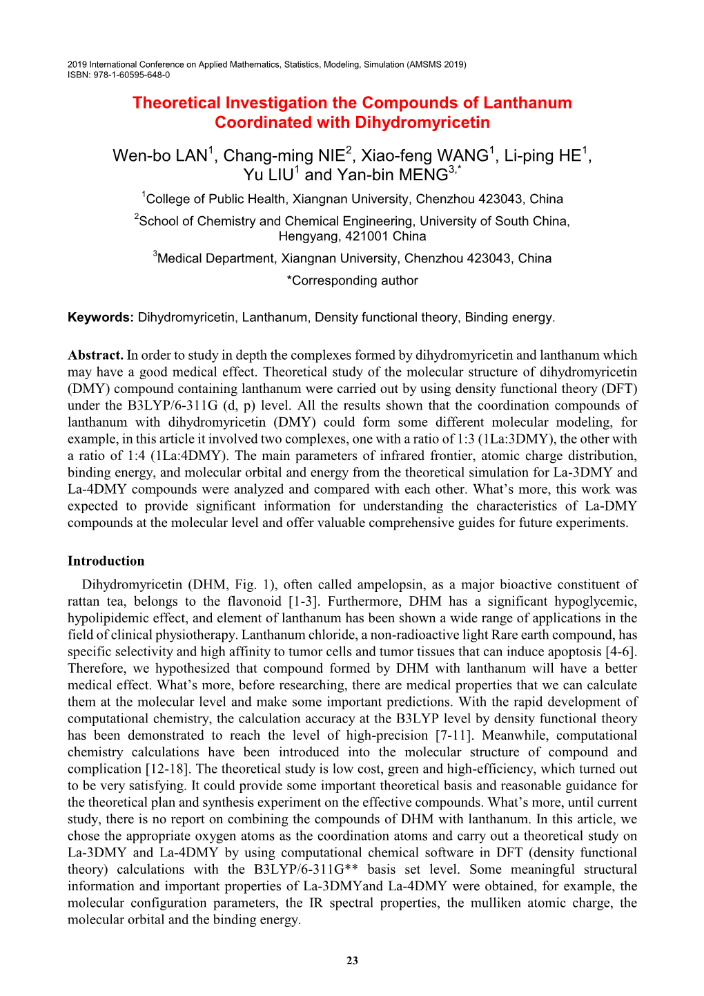 Theoretical Investigation the Compounds of Lanthanum Coordinated with Dihydromyricetin