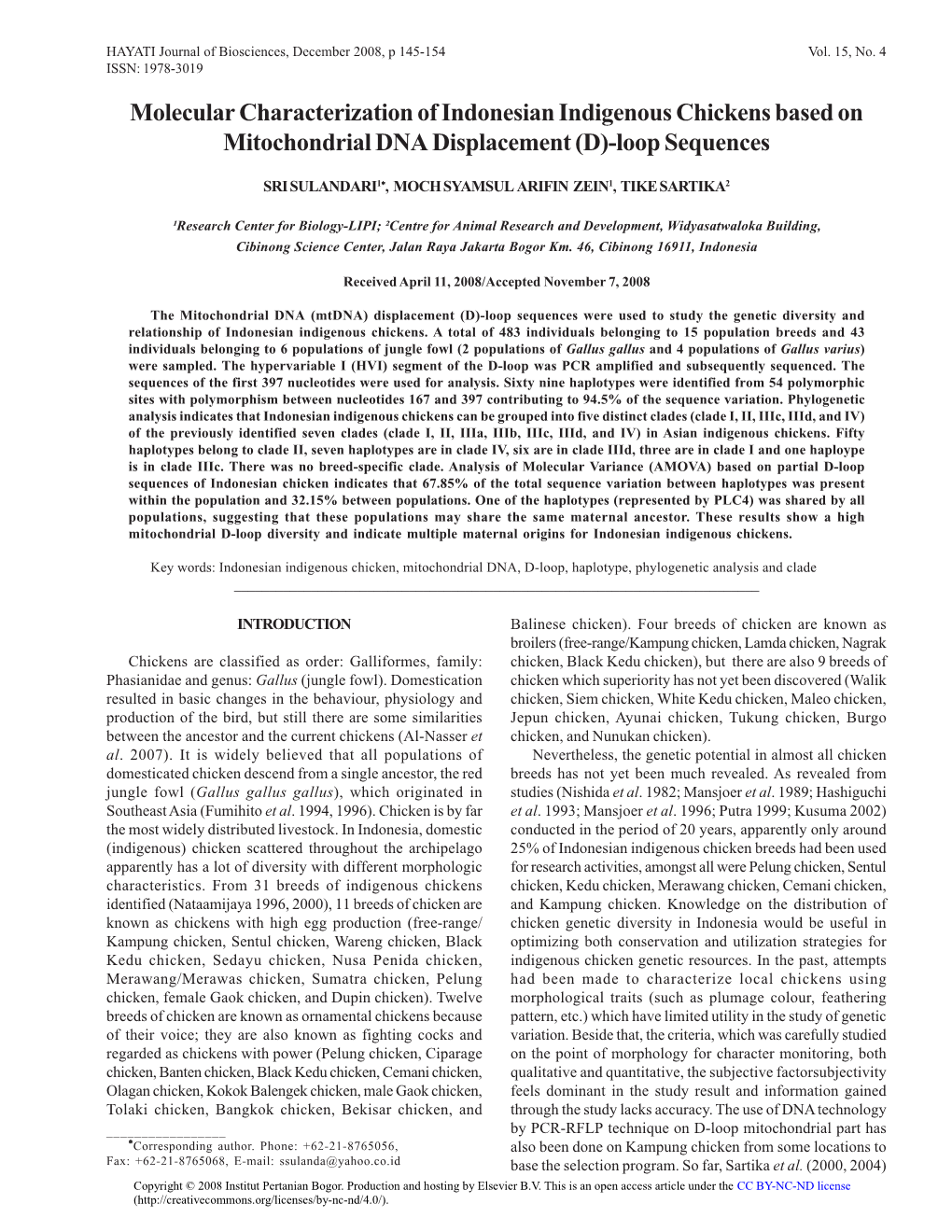 Molecular Characterization of Indonesian Indigenous Chickens Based on Mitochondrial DNA Displacement (D)-Loop Sequences