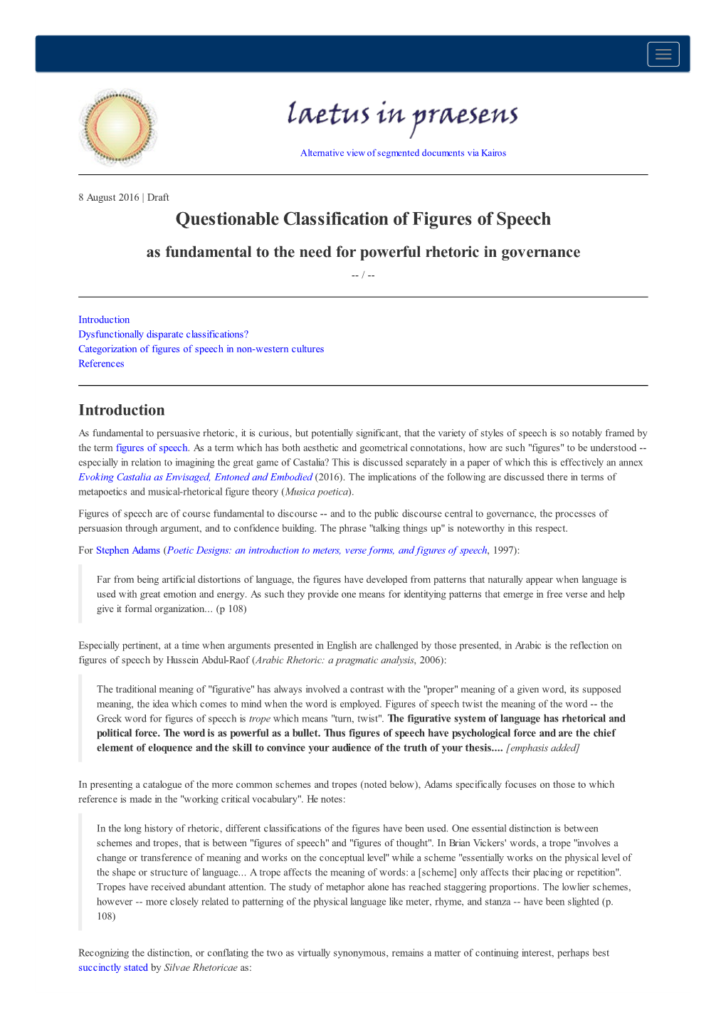 Questionable Classification of Figures of Speech As Fundamental to the Need for Powerful Rhetoric in Governance -- /