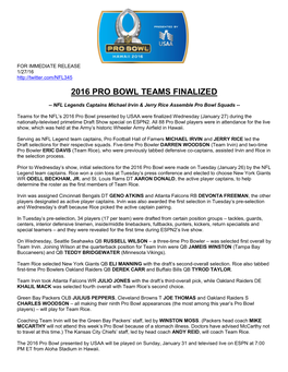 2016 Pro Bowl Teams Finalized