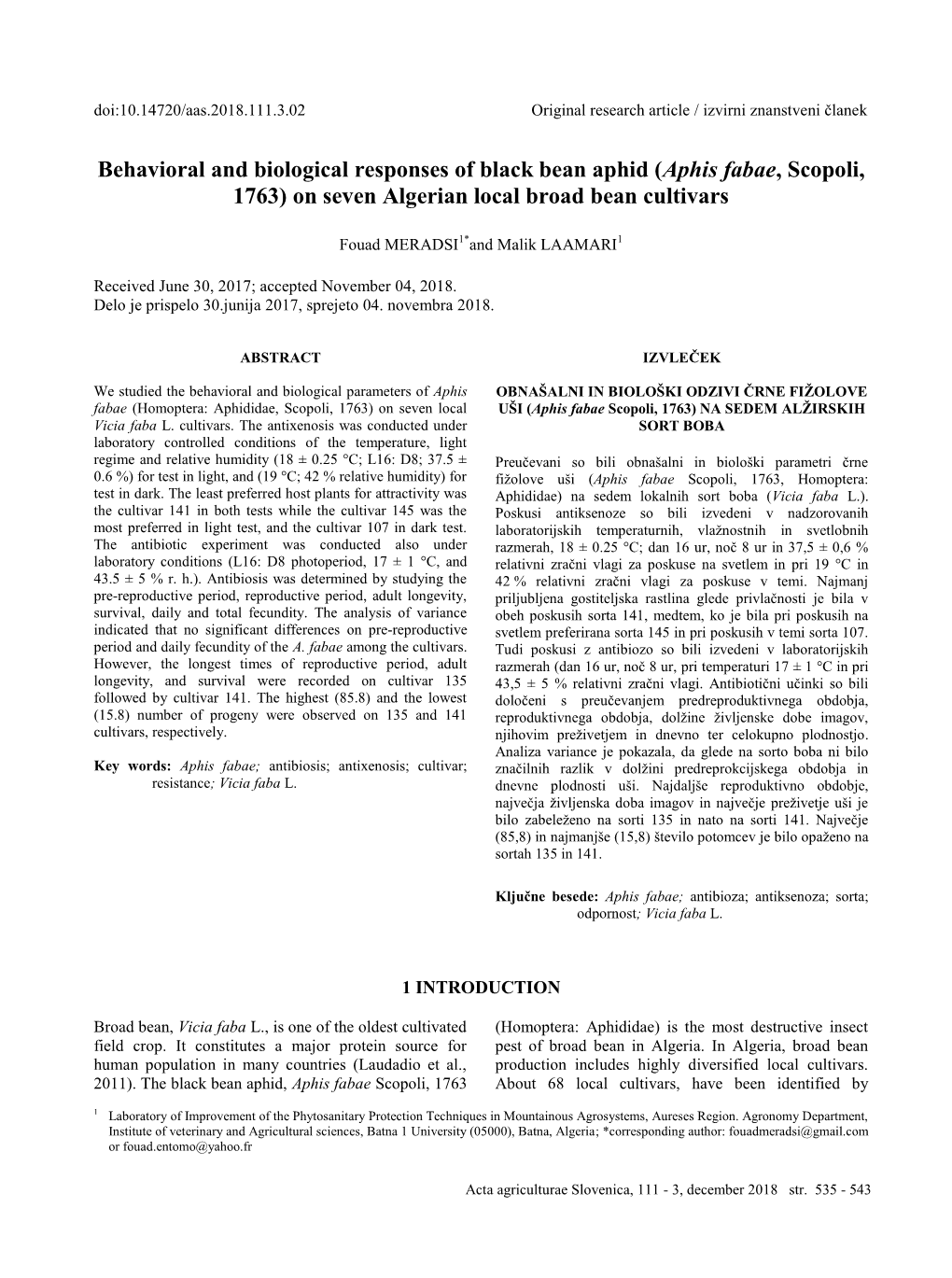 (Aphis Fabae, Scopoli, 1763) on Seven Algerian Local Broad Bean Cultivars