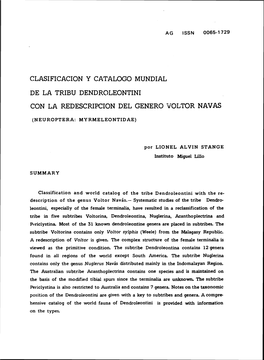 Clasificacion Y Catalog0 Mundial De La Tribu Dendroleontini Con La Redescripcion Del Genero Voltor Navas