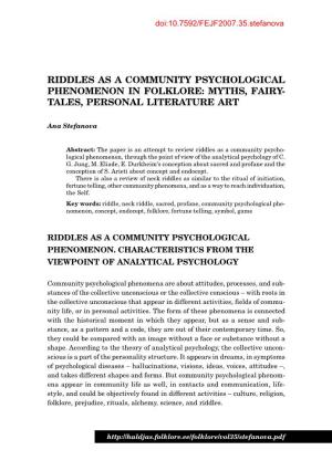 Riddles As a Community Psychological Phenomenon in Folklore: Myths, Fairy- Tales, Personal Literature Art