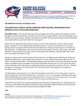 Columbus Blue Jackets Assign Forward Sonny Milano, Defenseman John Ramage to Ahl’S Cleveland Monsters