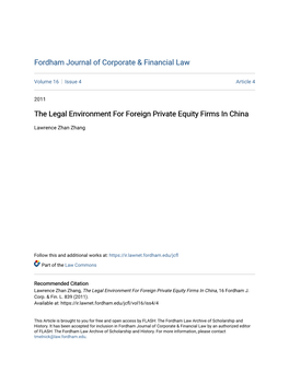 The Legal Environment for Foreign Private Equity Firms in China