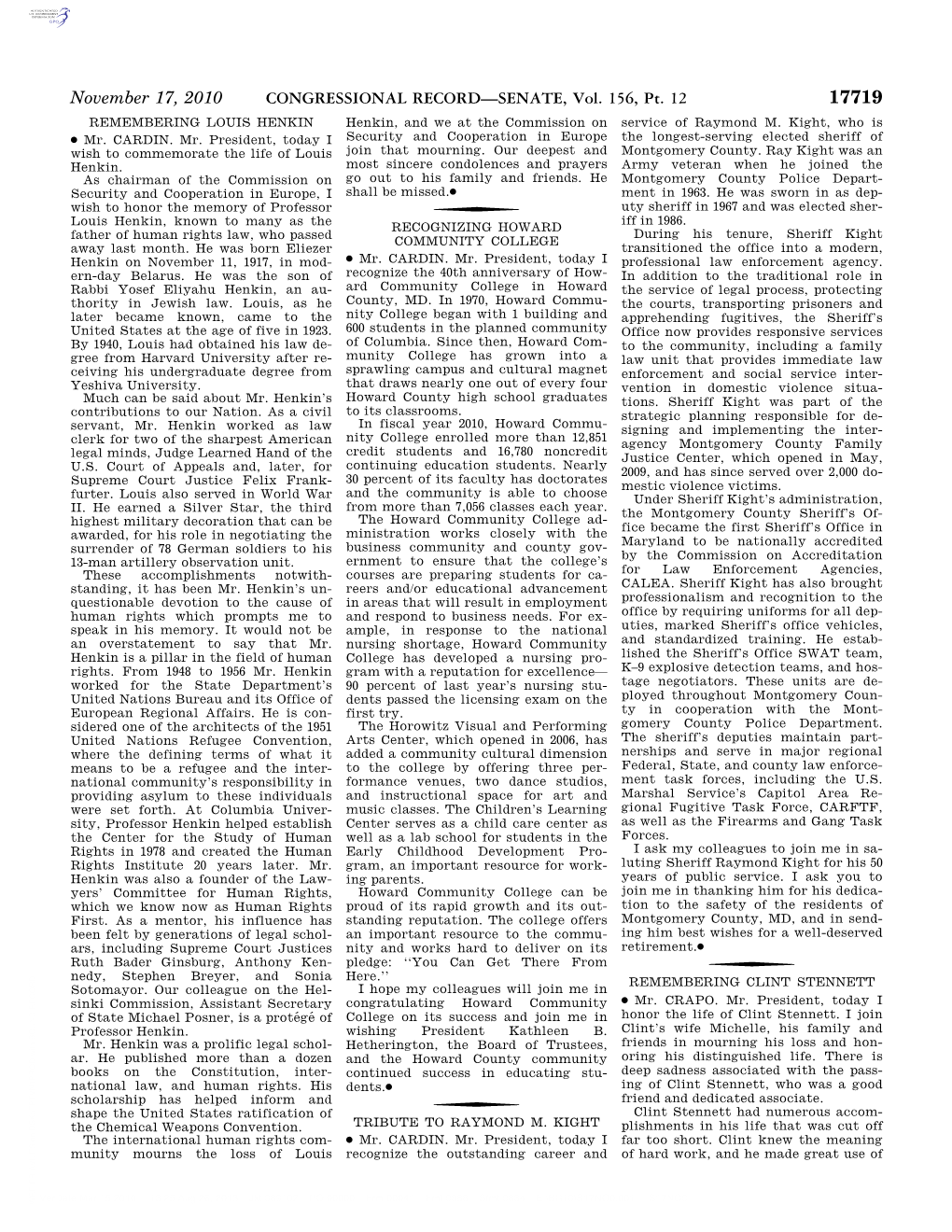 CONGRESSIONAL RECORD—SENATE, Vol. 156, Pt. 12 November 17, 2010