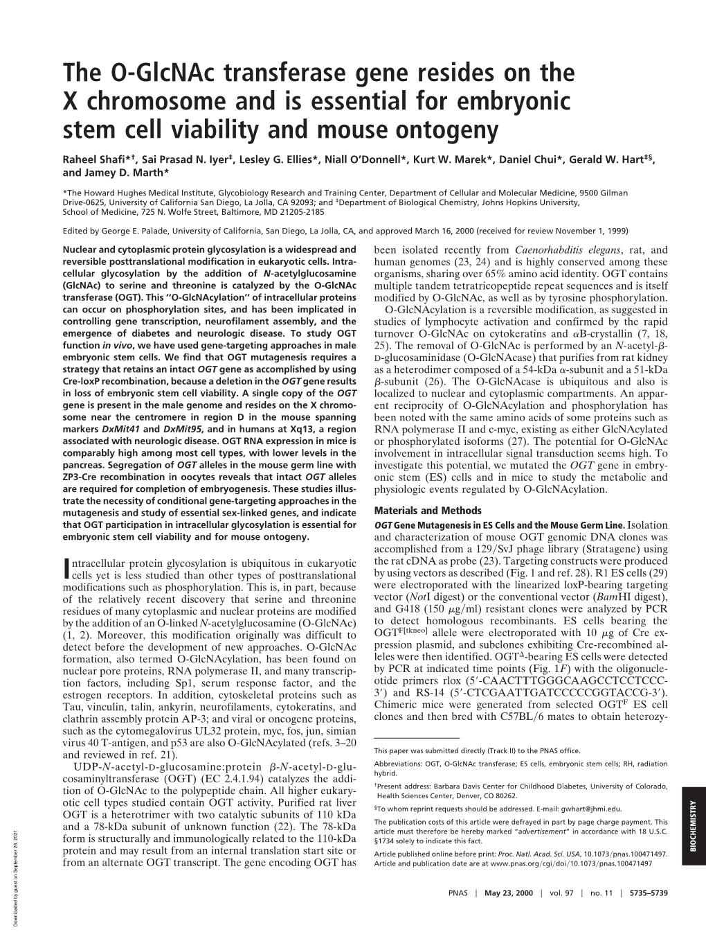 The O-Glcnac Transferase Gene Resides on the X Chromosome and Is Essential for Embryonic Stem Cell Viability and Mouse Ontogeny