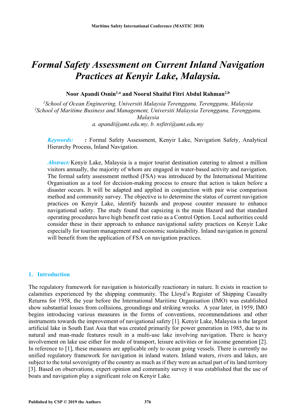 Formal Safety Assessment on Current Inland Navigation Practices at Kenyir Lake, Malaysia