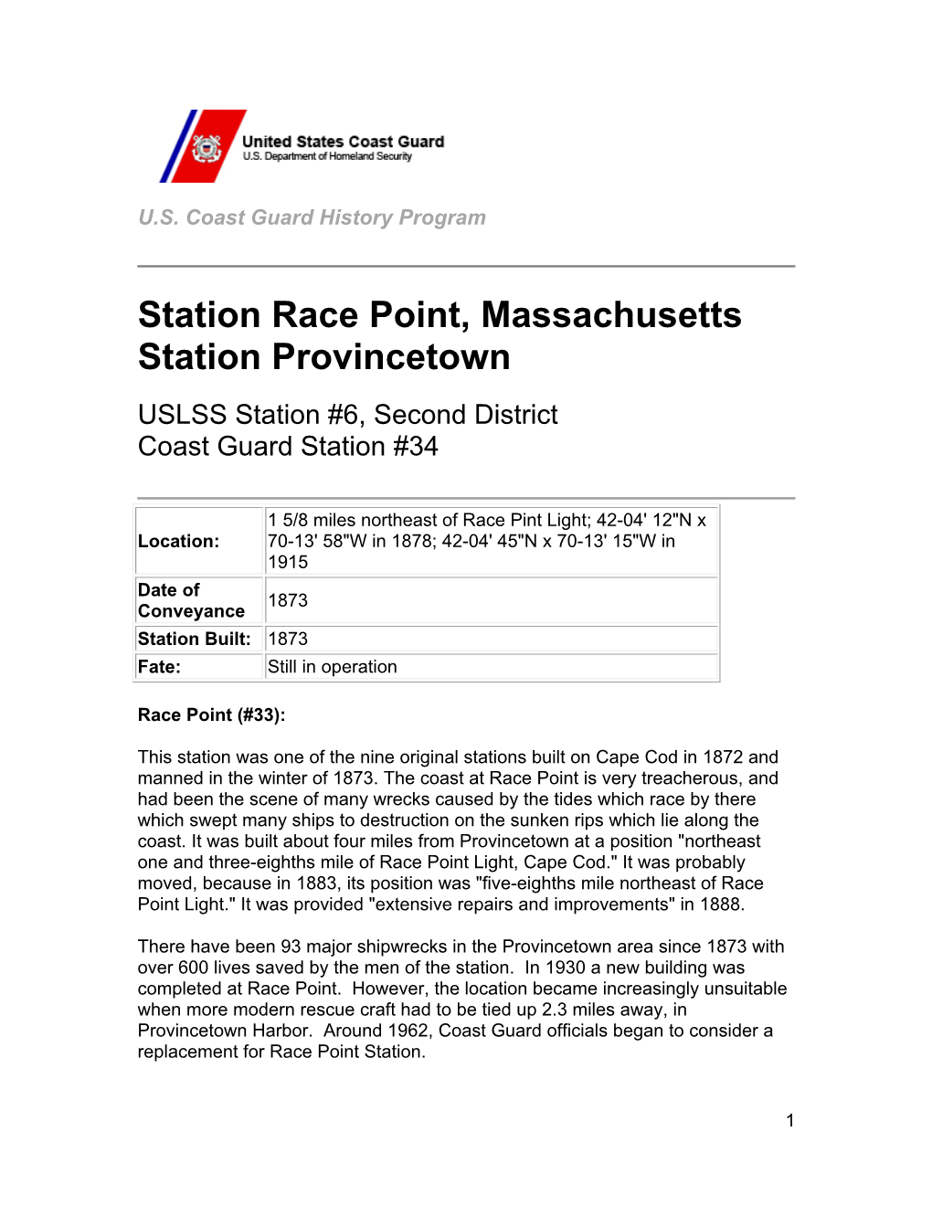 Station Race Point, Massachusetts Station Provincetown USLSS Station #6, Second District Coast Guard Station #34