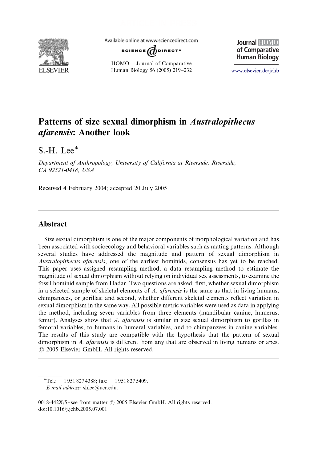 Patterns of Size Sexual Dimorphism in Australopithecus Afarensis: Another Look