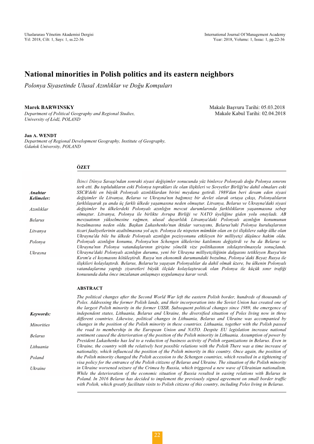 National Minorities in Polish Politics and Its Eastern Neighbors Polonya Siyasetinde Ulusal Azınlıklar Ve Doğu Komşuları