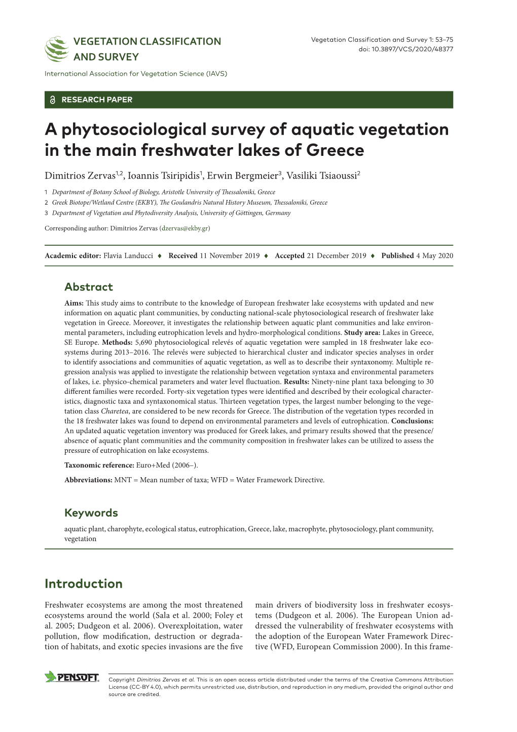 A Phytosociological Survey of Aquatic Vegetation in the Main Freshwater Lakes of Greece