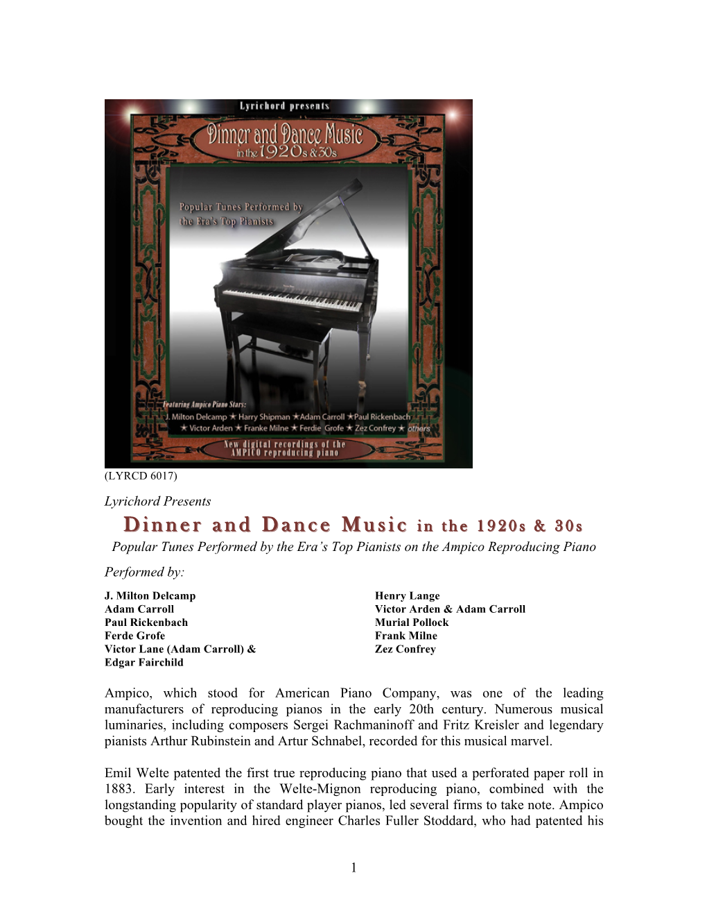 Dinner and Dance Music in the 1920S & 30S Popular Tunes Performed by the Era’S Top Pianists on the Ampico Reproducing Piano