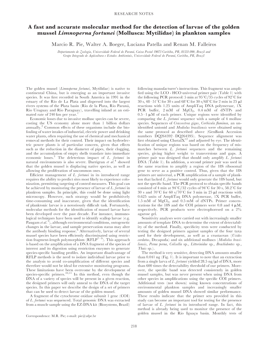 A Fast and Accurate Molecular Method for the Detection of Larvae of the Golden Mussel Limnoperna Fortunei (Mollusca: Mytilidae) in Plankton Samples