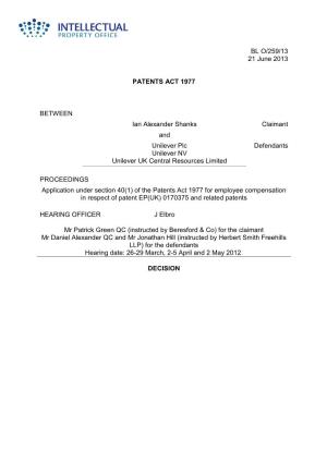 Patent Inter Parte Decision (O/259/13)