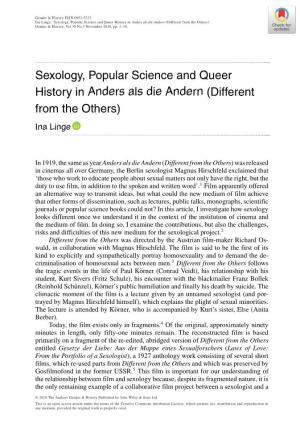 Sexology, Popular Science and Queer History in Anders Als Die Andern (Different from the Others)’ Gender & History, Vol.30 No.3 November 2018, Pp