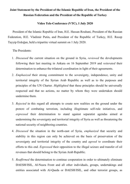 Joint Statement by the President of the Islamic Republic of Iran, the President of the Russian Federation and the President of the Republic of Turkey