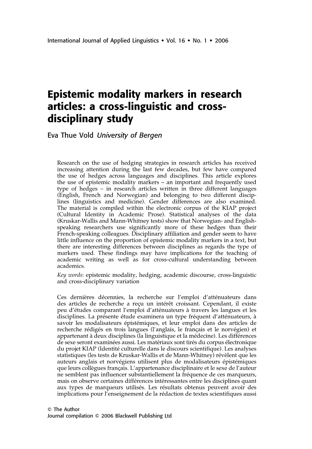 Epistemic Modality Markers in Research Articles: a Cross-Linguistic and Cross- Disciplinary Study