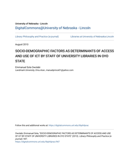Socio-Demographic Factors As Determinants of Access and Use of Ict by Staff of University Libraries in Oyo State