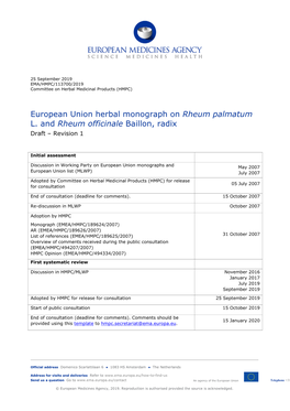 European Union Herbal Monograph on Rheum Palmatum L. and Rheum Officinale Baillon, Radix Draft – Revision 1
