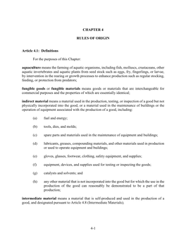 4-1 CHAPTER 4 RULES of ORIGIN Article 4.1: Definitions for The