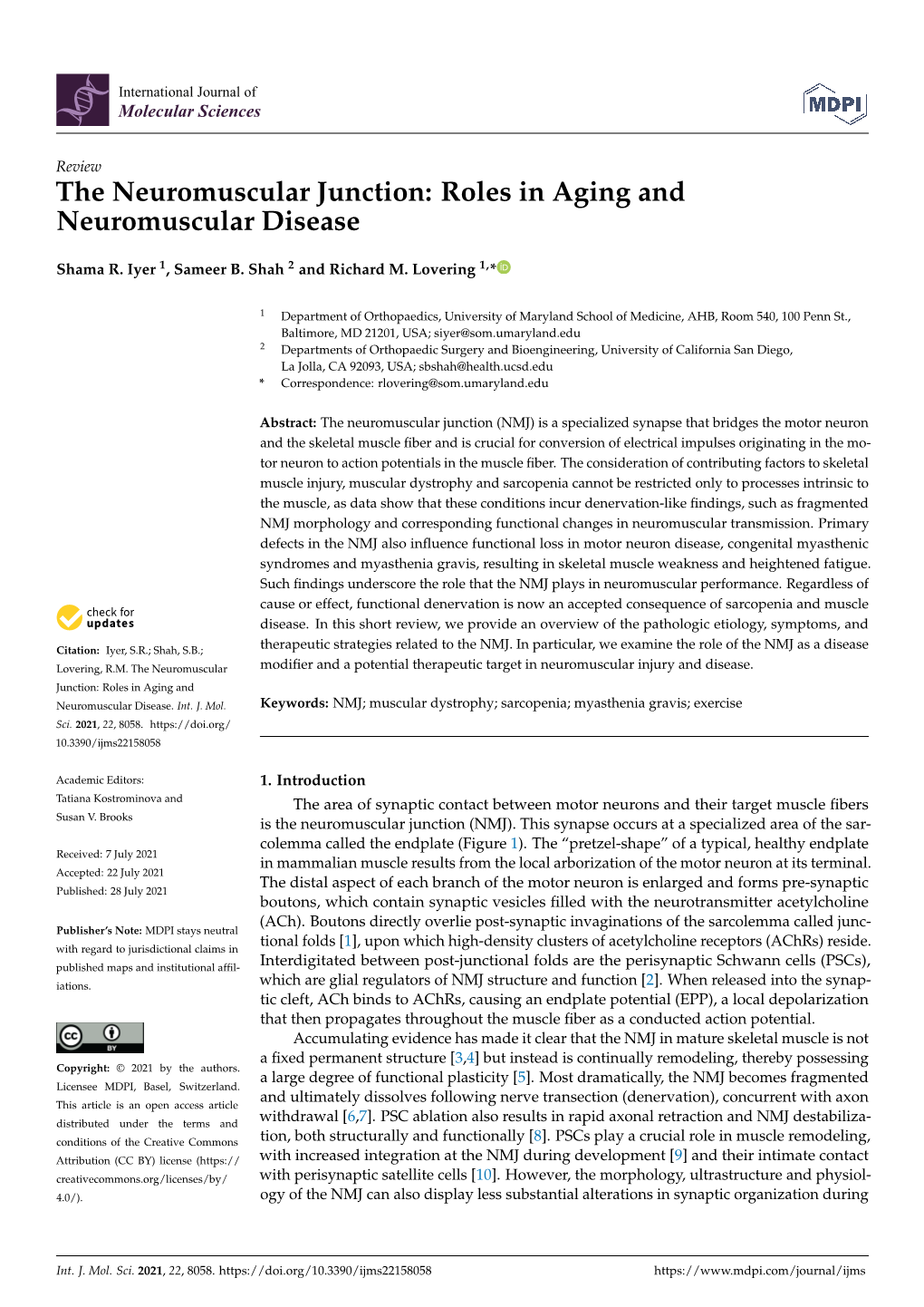 The Neuromuscular Junction: Roles in Aging and Neuromuscular Disease