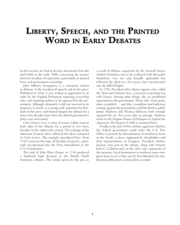 Liberty, Speech, and the Printed Word in Early Debates