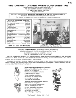 The Towpath" – October, November, December - 1992 This Newsletter Is Published Quarterly by the New Bremen Historic Association P.O
