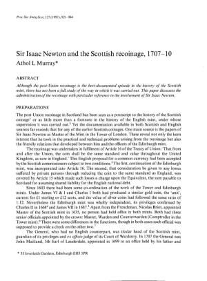 Sir Isaac Newton and the Scottish Recoinage, 1707-10 Atho Murrayll *
