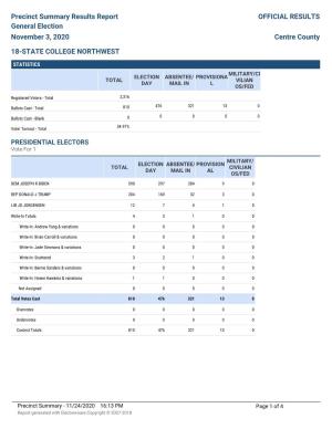 Precinct Summary Results Report General Election November 3, 2020