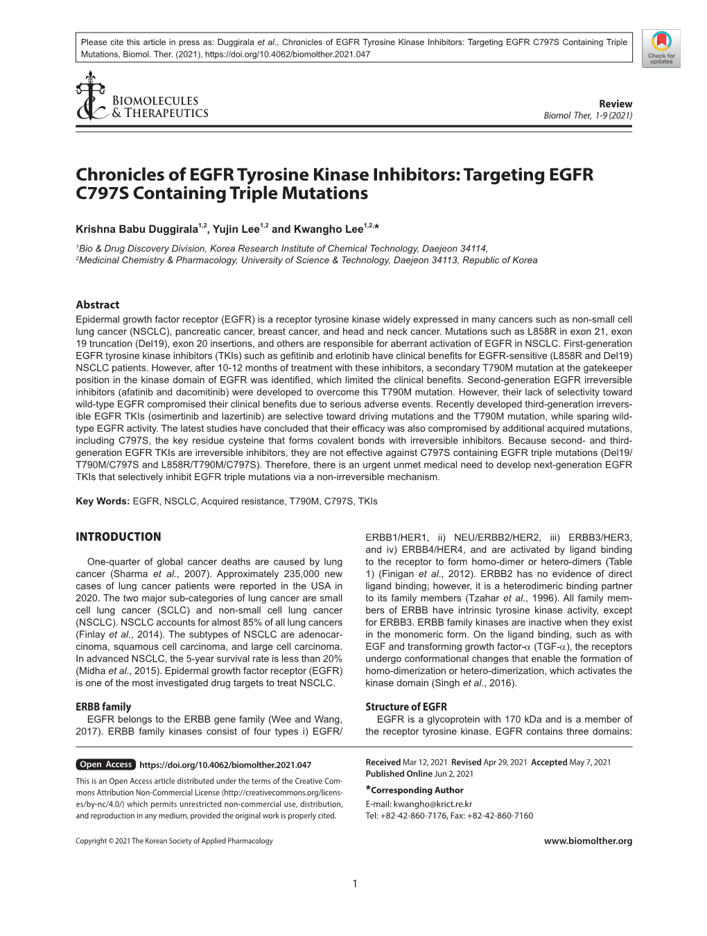 Chronicles of EGFR Tyrosine Kinase Inhibitors: Targeting EGFR C797S Containing Triple Mutations, Biomol