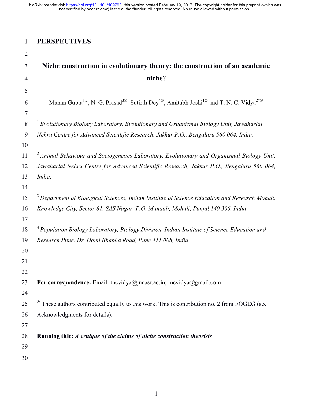 Niche Construction in Evolutionary Theory: the Construction of an Academic 4 Niche? 5 6 Manan Gupta1,2, N