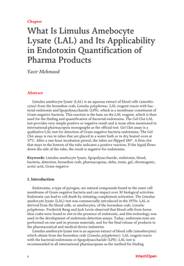 What Is Limulus Amebocyte Lysate (LAL) and Its Applicability in Endotoxin Quantification of Pharma Products Yasir Mehmood