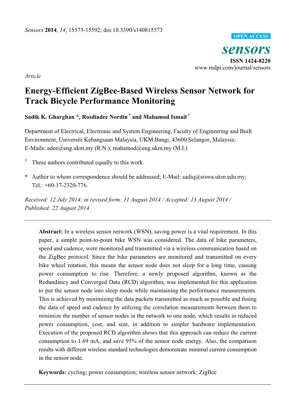 Energy-Efficient Zigbee-Based Wireless Sensor Network for Track Bicycle Performance Monitoring