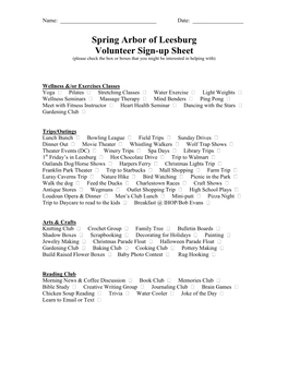 Spring Arbor of Leesburg Volunteer Sign-Up Sheet (Please Check the Box Or Boxes That You Might Be Interested in Helping With)
