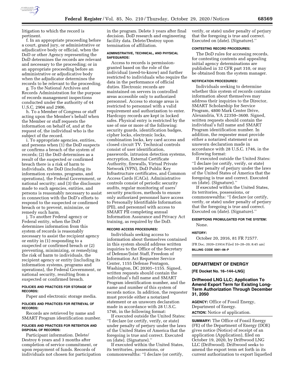 Federal Register/Vol. 85, No. 210/Thursday, October 29, 2020