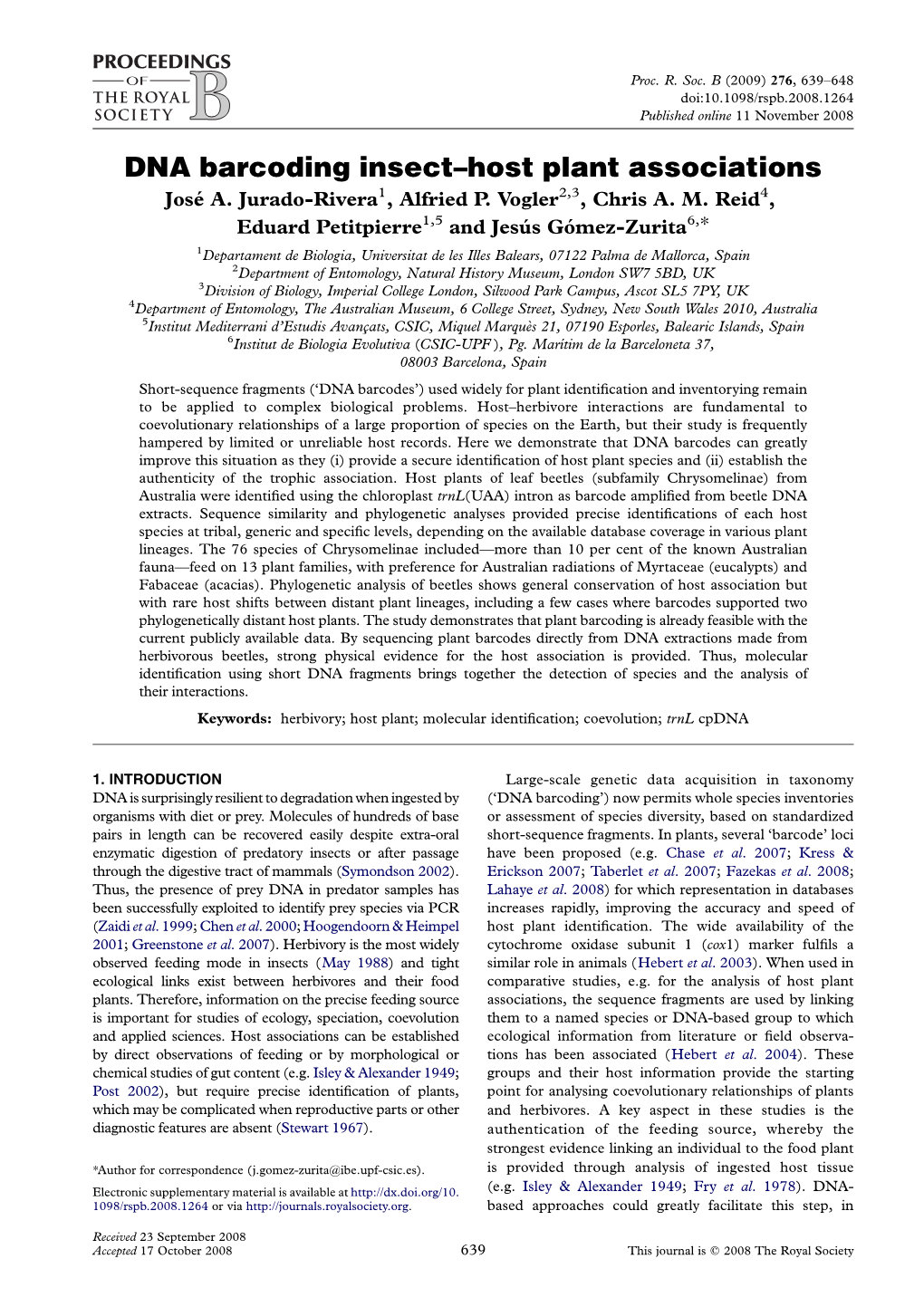 DNA Barcoding Insect–Host Plant Associations Jose´ A