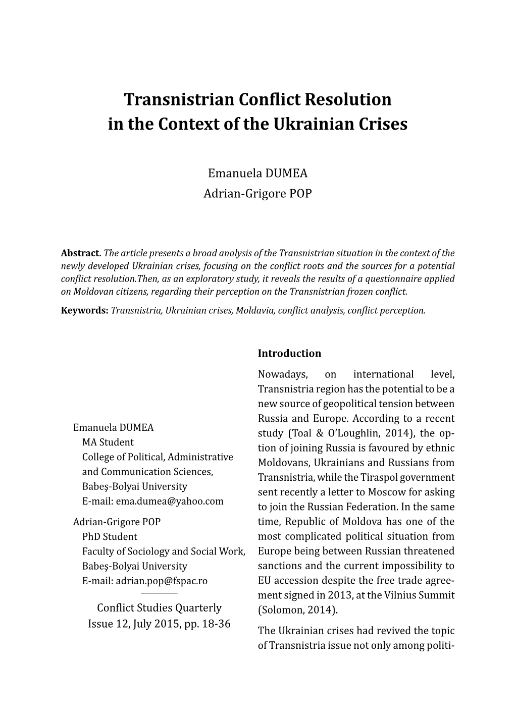 Transnistrian Conϐlict Resolution in the Context of the Ukrainian Crises